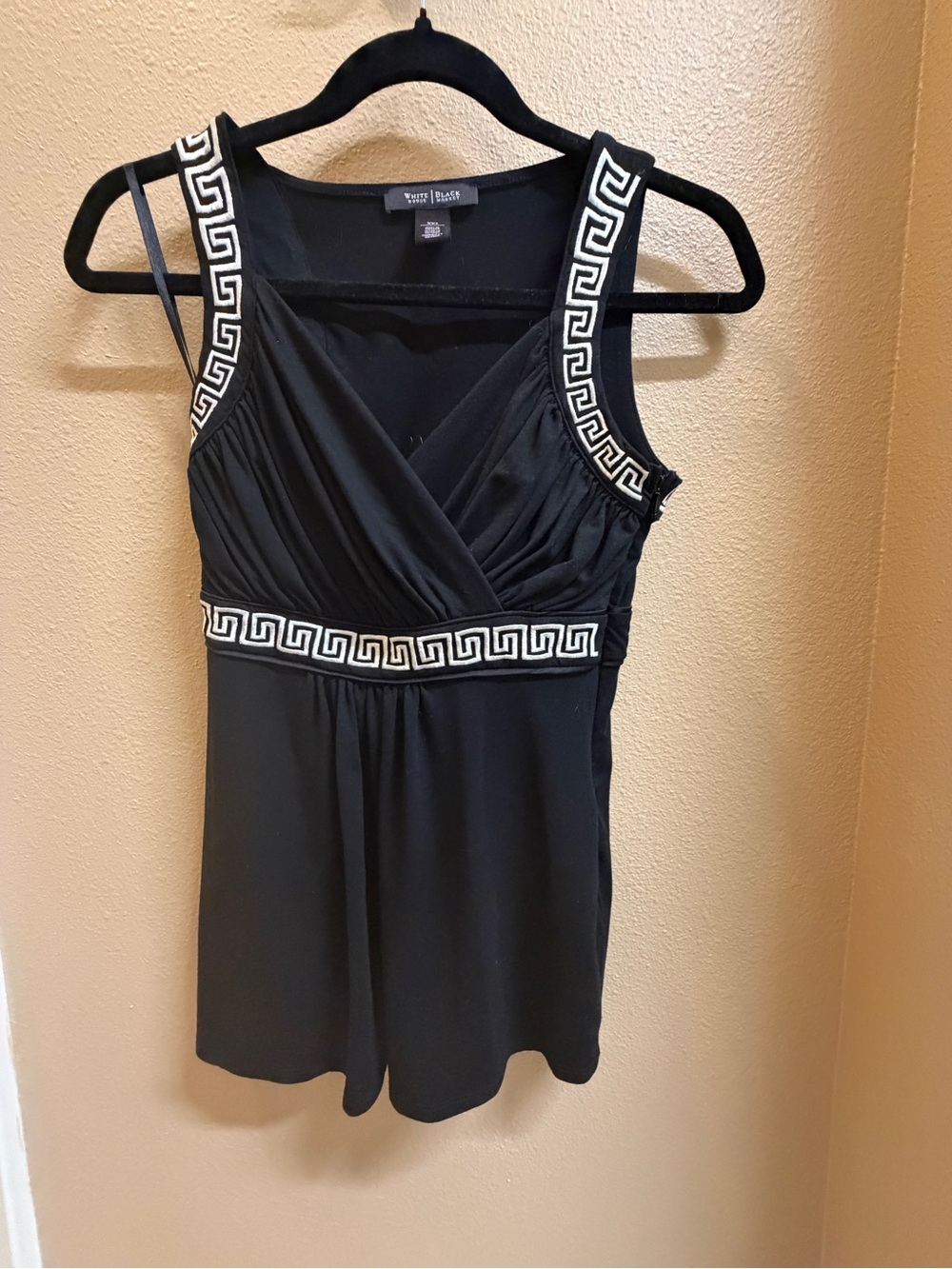 White House Black Market Black Sleeveless Greek Key Trim Top